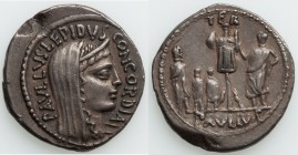 L. Aemilius Lepidus Paullus (ca. 62 BC). AR denarius (20mm, 3.87 gm, 6h). Choice VF, edge crimp. Rome. PAVLLVS LEPIDVS-CONCORDIA, diademed, veiled hea...