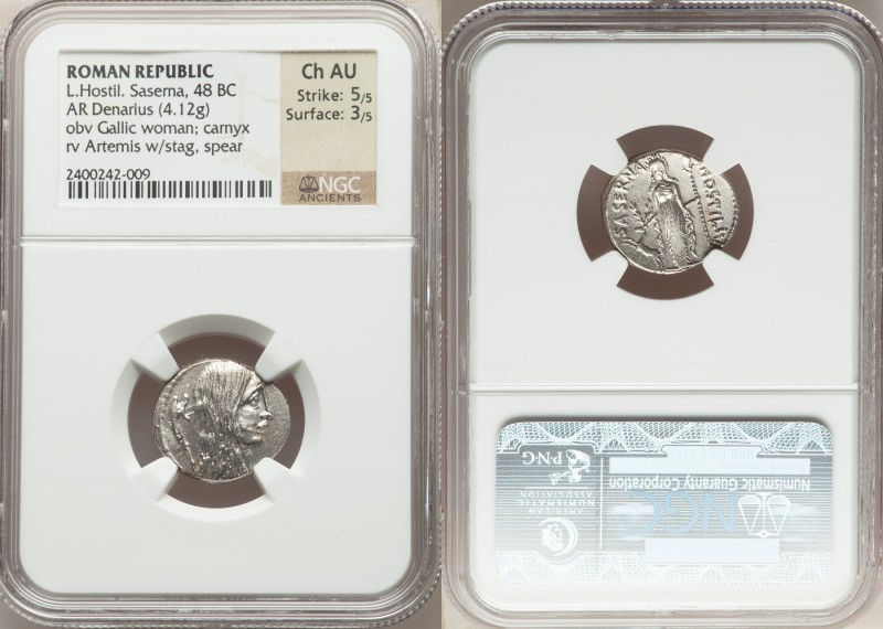 L. Hostilius Saserna (48 BC). AR denarius (18mm, 4.12 gm, 6h). NGC Choice AU 5/5...