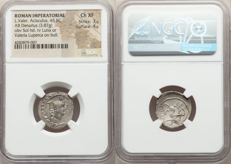 L. Valerius Acisculus (45 BC). AR denarius (19mm, 3.87 gm, 3h). NGC Choice XF 3/...