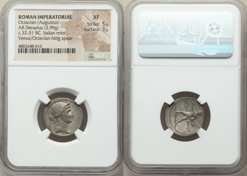Octavian (Augustus, 27 BC-AD 14). AR denarius (20mm, 3.99 gm, 3h). NGC XF 5/5 - ...