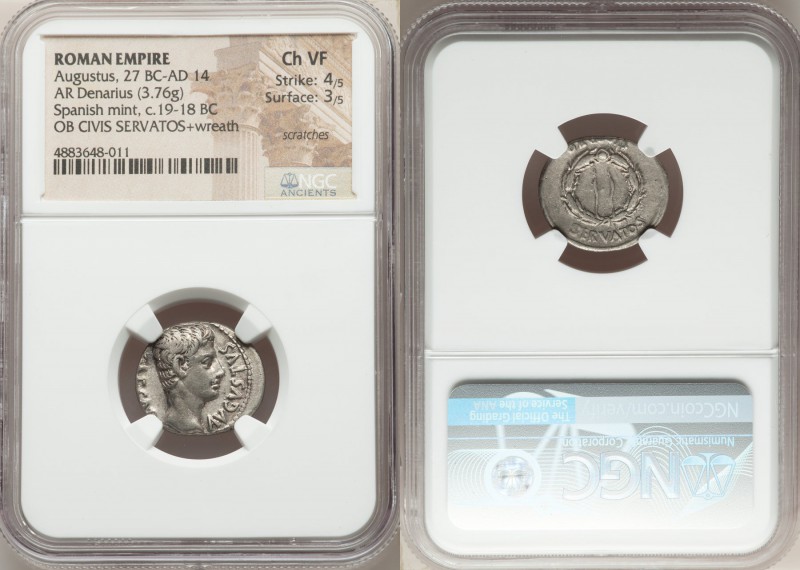 Augustus (27 BC-AD 14). AR denarius (19mm, 3.76 gm, 6h). NGC Choice VF 4/5 - 3/5...