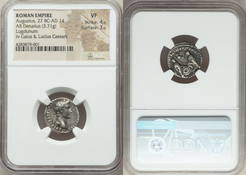 Augustus (27 BC-AD 14). AR denarius (18mm, 3.71 gm, 5h). NGC VF 4/5 - 3/5. Lugdu...