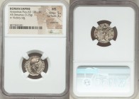 Antoninus Pius (AD 138-161). AR denarius (17mm, 3.25 gm, 6h). NGC MS 5/5 - 3/5, scratches. Rome, AD 143-144. ANTONINVS AVG PI-VS P P TR P COS III, lau...