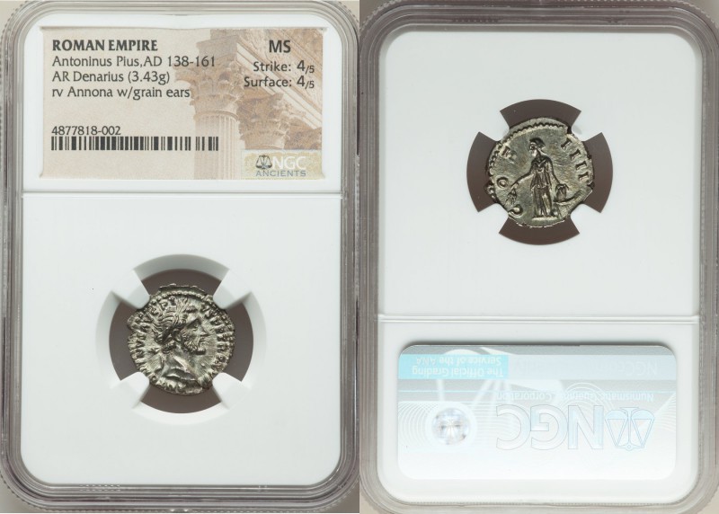 Antoninus Pius (AD 138-161). AR denarius (18mm, 3.43 gm, 6h). NGC MS 4/5 - 4/5. ...