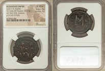 Justin II (AD 565-578), with Sophia. AE follis or 40 nummi (30mm, 11.16 gm, 6h). NGC Choice XF S 4/5 - 4/5. Antioch (as Theopolis), 3rd officina, date...