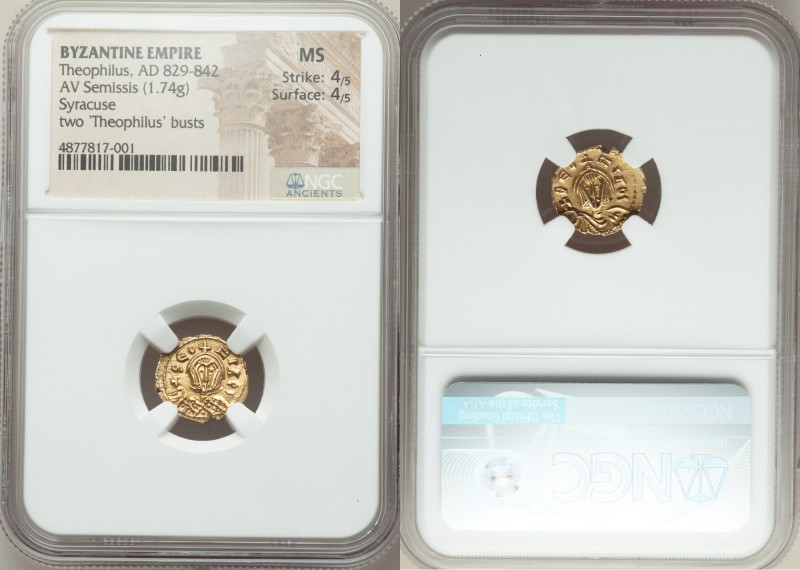 Theophilus (AD 829-842). AV semissis (14mm, 1.74 gm, 5h). NGC MS 4/5 - 4/5. Syra...