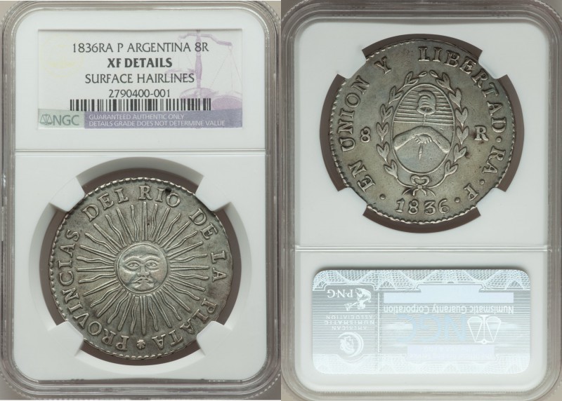 Rio de la Plata 8 Reales 1836 RA-P XF Details (Surface Hairlines) NGC, La Rioja ...