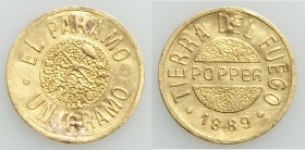 Tierra del Fuego. Territory gold "Popper" Gramo 1889 XF Detail (mounted, repaired, re-engraved) Buenos Aires mint, KM-Tn5, Janson-7. 14mm. 1.05gm. Lat...