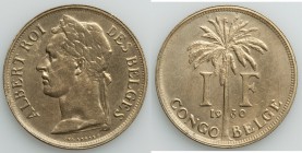Belgian Colony. Albert I aluminum-bronze Pattern Franc 1930 AU, cf. Bogaert-267B4 (in copper), Dupriez-267 (same). Thin flan variety. From the Engelen...