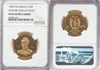 Republic gold Proof 15000 Pesos 1980 PR69 Ultra Cameo NGC, KM278. Mintage: 250. Struck for the 150th anniversary of the death of Antonio Jose de Sucre...