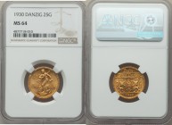 Free City gold 25 Gulden 1930 MS64 NGC, Berlin mint, KM150, Fr-44. Mintage: 4,000. 

HID09801242017
