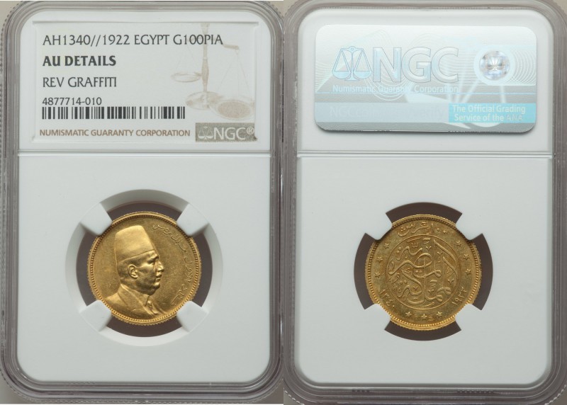 Fuad I gold 100 Piastres AH 1340 (1922) AU Details (Reverse Graffiti) NGC, Briti...