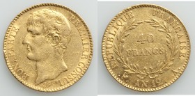 Napoleon gold 40 Francs L'An 12 (1803/4)-A AU (edge bump), Paris mint, KM652. 26mm. 12.86gm. AGW 0.3734 oz.

HID09801242017