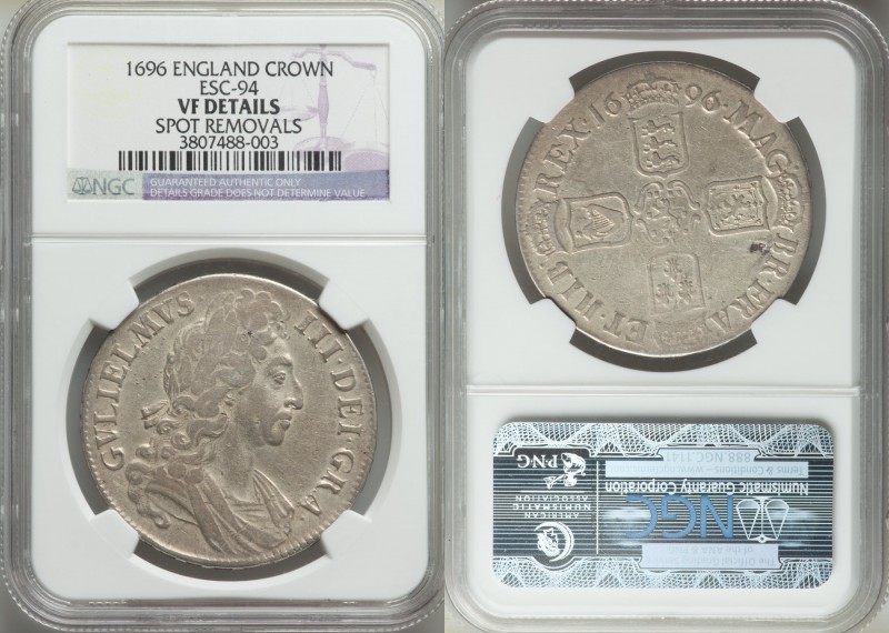 William III Crown 1696 VF Details (Spot Removals) NGC, Royal mint, KM494.1, ESC-...