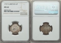George II 6 Pence 1757 MS64 NGC, Royal mint, KM582.2, S-3711. Steel-gray tone with just of hint of color, exposing only fractions of white lustrous su...