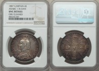 Victoria Double Florin 1887 UNC Details (Obverse Cleaned) NGC, KM763. Arabic 1 in date. Gold-gray centers that graduate to reds and blues as it progre...