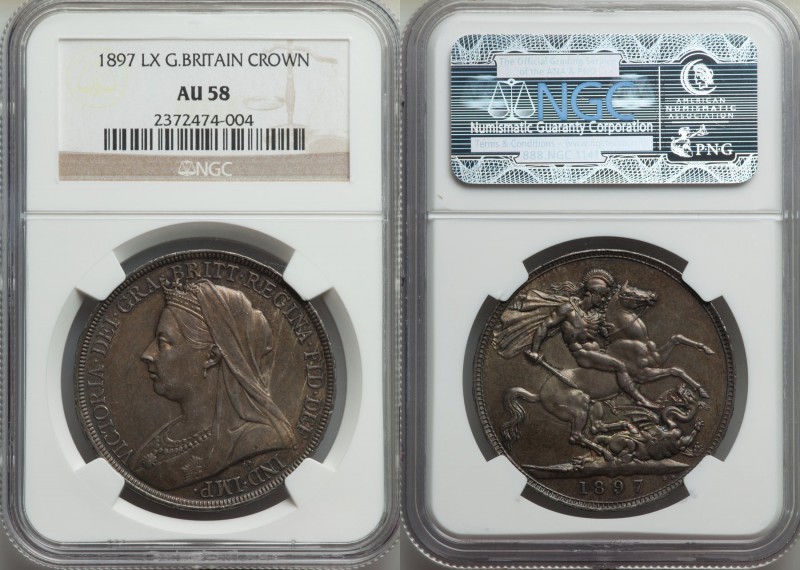 Victoria Crown 1897 AU58 NGC, KM783. "LX" on edge. Old cabinet toning in shades ...