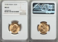 British India. George V gold Sovereign 1918 MS63 NGC, Mumbai mint, KM-A525. AGW 0.2355 oz.

HID09801242017