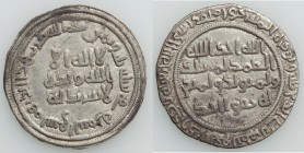 Umayyad & Abbasid. Pair of Uncertified Assorted Dirhams 1) Dirham AH 83 (702/3) - VF (clipped. scratches), Shaqq al-Taymara mint A-126, Klat-205a. 23m...