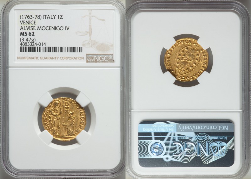 Venice. Alvise Mocenigo IV (1763-1778) gold Zecchino ND MS62 NGC, KM671, Fr-1421...