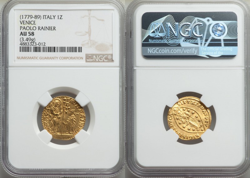 Venice. Paolo Renier (1779-1789) gold Zecchino ND AU58 NGC, KM714, Fr-1434. 21mm...