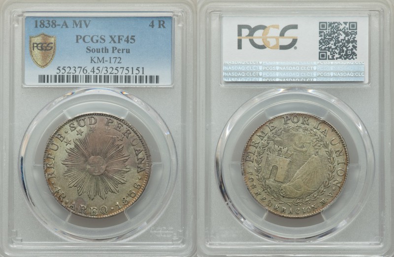 South Peru. Republic 4 Reales 1838 A-MV XF45 PCGS, Arequipa mint, KM172.

HID098...