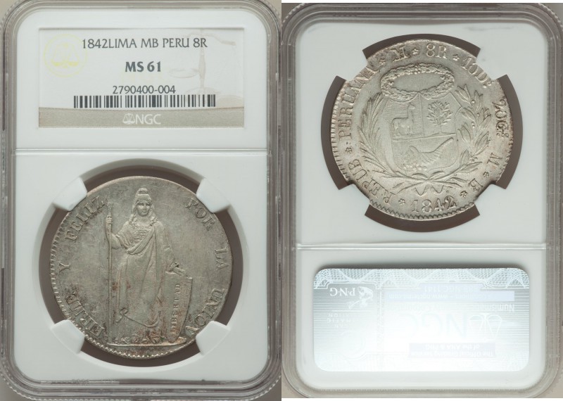 Republic 8 Reales 1842 LM-MB MS61 NGC, Lima mint, KM142.10. Somewhat prooflike s...