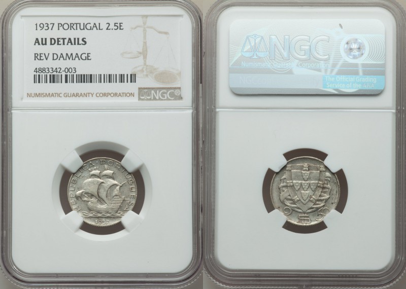 Republic 2-1/2 Escudos 1937 AU Details (Reverse Damage) NGC, KM580. Rarest date ...