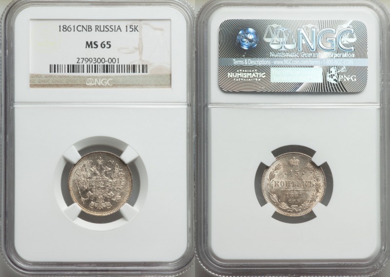 Alexander II 15 Kopecks 1861-CNB MS65 NGC, Paris mint, KM-Y21, Bit-291 (R2). A v...
