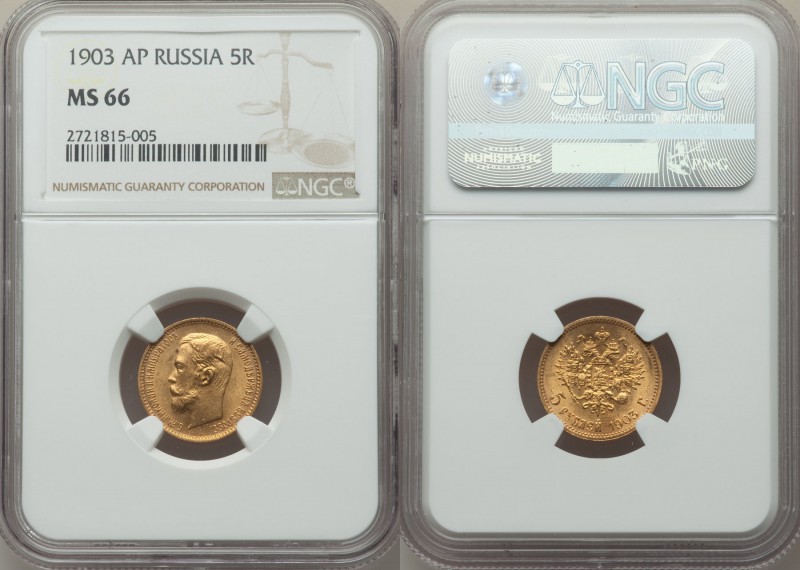 Nicholas II gold 5 Roubles 1903-AP MS66 NGC, St. Petersburg mint, KM-Y62.

HID09...