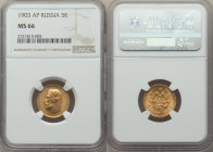 Nicholas II gold 5 Roubles 1903-AP MS66 NGC, St. Petersburg mint, KM-Y62.

HID09801242017