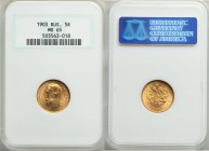 Nicholas II gold 5 Roubles 1903-AP MS65 NGC, St. Petersburg mint, KM-Y62. AGW 0.1245 oz.

HID09801242017