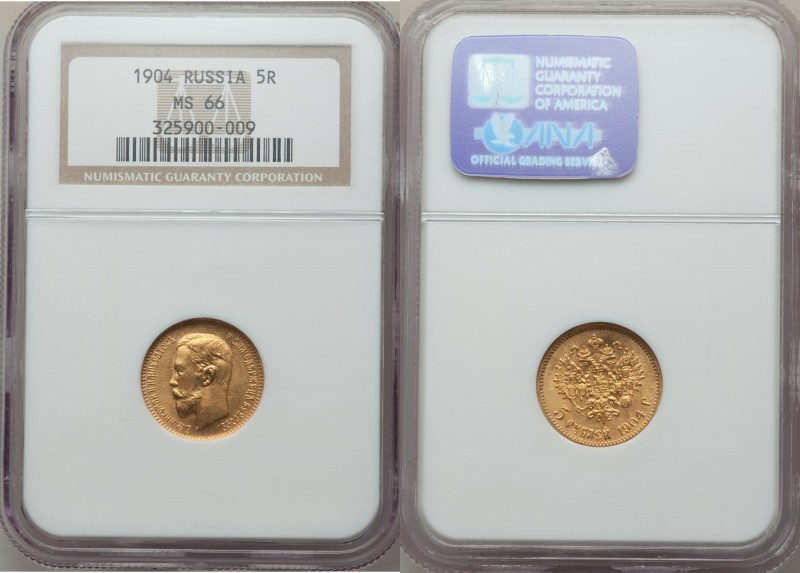 Nicholas II gold 5 Roubles 1904-AP MS66 NGC, St. Petersburg mint, KM-Y62.

HID09...