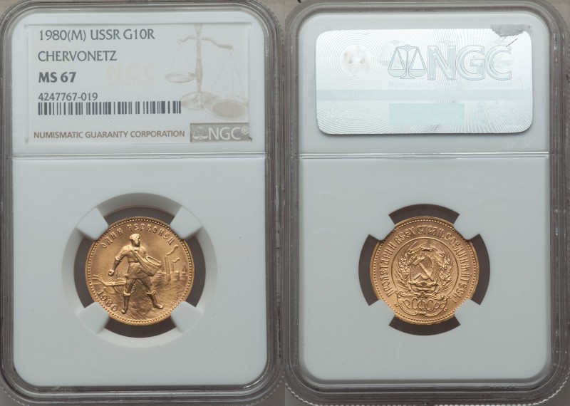 USSR gold Chervonetz (10 Roubles) 1980-(M) MS67 NGC, Moscow mint, KM-Y85. A well...