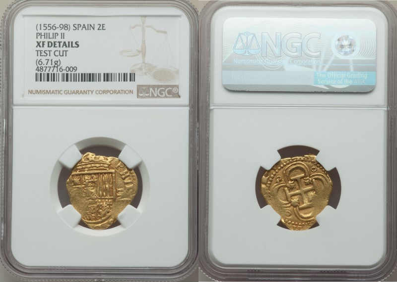 Philip II (1556-1598) gold Cob 2 Escudos ND XF Details (Test Cut) NGC, Fr-169. 2...