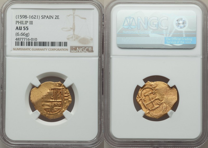 Philip III (1598-1621) gold Cob 2 Escudos ND AU55 NGC, KM7. 24mm. 6.66gm. 

HID0...