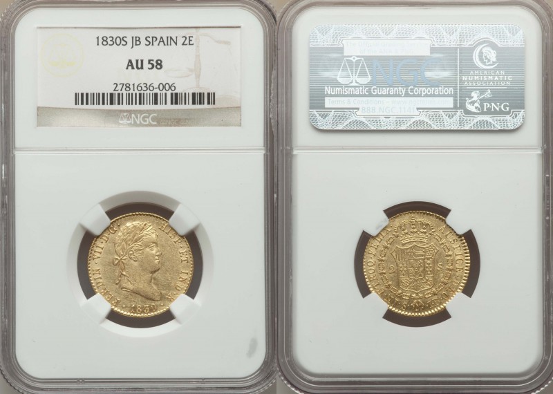 Ferdinand VII gold 2 Escudos 1830 S-JB AU58 NGC, Seville mint, KM483.2.

HID0980...