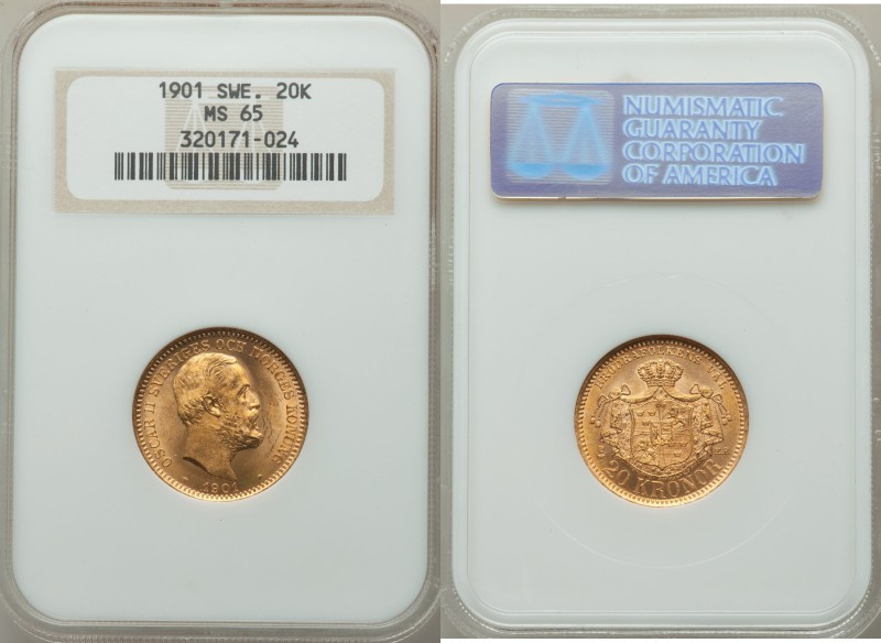 Oscar II gold 20 Kronor 1901-EB MS65 NGC, KM765. Certainly a Gem with nice apric...