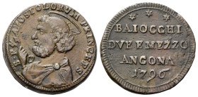 ANCONA
Pio VI (Giannangelo Braschi), 1775-1799.
San Pietrino da 2 e ½ Baiocchi 1796 (stelle con foro al centro).
Æ
gr. 16,98
Dr. S• P - APOSTOLOR...