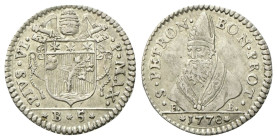 BOLOGNA
Pio VI (Giannangelo Braschi), 1775-1799.
Carlino da 5 Baiocchi 1778.
Ag
gr. 1,72
Dr. •PIVS•VI• - •P• MAX•. Stemma a targa sormontato da t...