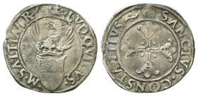CARMAGNOLA
Ludovico II di Saluzzo, 1475-1504. 
Soldino.
Mi
gr. 1,54
Dr. LVDOVICVS• - •M•SALVTIMR• . Stemma coronato da cimiero.
Rv. SANCTVS•CONS...