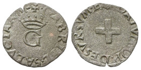 CARMAGNOLA
Gabriele di Saluzzo, 1537-1548.
Forte.
Mi
gr. 0,69
Dr. •GABRIEL•SALVCIARVM•M•. Grande G coronata.
Rv. DATVM OP•DESVRSVM• E. Croce pia...