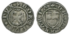 FERRARA
Borso d’Este, 1450-1471.
Quattrino.
Ag
gr. 0,51
Dr. +BORSIVS•DVX•. Aquila coronata ad ali spiegate.
Rv. DE FE•RA•RIA•. Stemma di Ferrara...