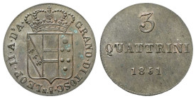 FIRENZE
Leopoldo II d'Asburgo Lorena, 1824-1859.
3 Quattrini 1851.
Æ 
gr. 2,23
Dr. LEOP•II•A•D’•A•- GRAND•DI•TOSC•. Scudo coronato.
Rv. Valore e...