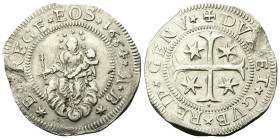 GENOVA
Dogi Biennali, 1528-1797. III Fase, 1637-1797.
Mezzo Scudo stretto 1664, sigle A B.
Ag
gr. 19,16
Dr. ✶ET✶REGE★EOS★1664★A★ B✶. La B. Vergin...