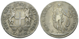 GENOVA
Dogi Biennali, 1528-1797. III Fase, 1637-1797.
4 Lire 1795.
Ag
gr. 16,56
Dr. DUX•ET•GUB• - REIP•GENU•. Stemma della Repubblica coronato tr...