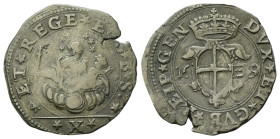 GENOVA
Dogi Biennali, 1528-1797. III Fase, 1637-1797.
Da 10 Soldi 1639.
Ag
gr. 6,32
Dr. ★ET★REGE★EOS •★. La Beata Vergine col Bambino sulle nubi;...