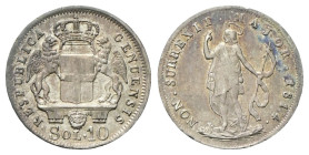 GENOVA
Repubblica Genovese, 1814.
Da 10 Soldi 1814.
Ag
gr. 2,12
Dr. RESPUBLICA - GENUENSIS. Stemma coronato tra due grifi.
Rv. NON•SVRREXIT•MAJO...
