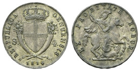 GENOVA
Repubblica Genovese, 1814.
4 Soldi 1814.
Mi
gr. 3,66
Dr. RESPUBLICA - GENUENSIS. Stemma di Genova a cuore coronato tra cornucopie; ai lati...
