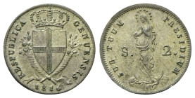 GENOVA
Repubblica Genovese, 1814.
2 Soldi 1814.
Mi
gr. 2,32
Dr. RESPUBLICA - GENUENSIS. Stemma di Genova a cuore coronato tra cornucopie; ai lati...